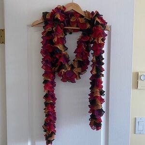 Elegant Ruffled Scarf in Red, Black, and Gold